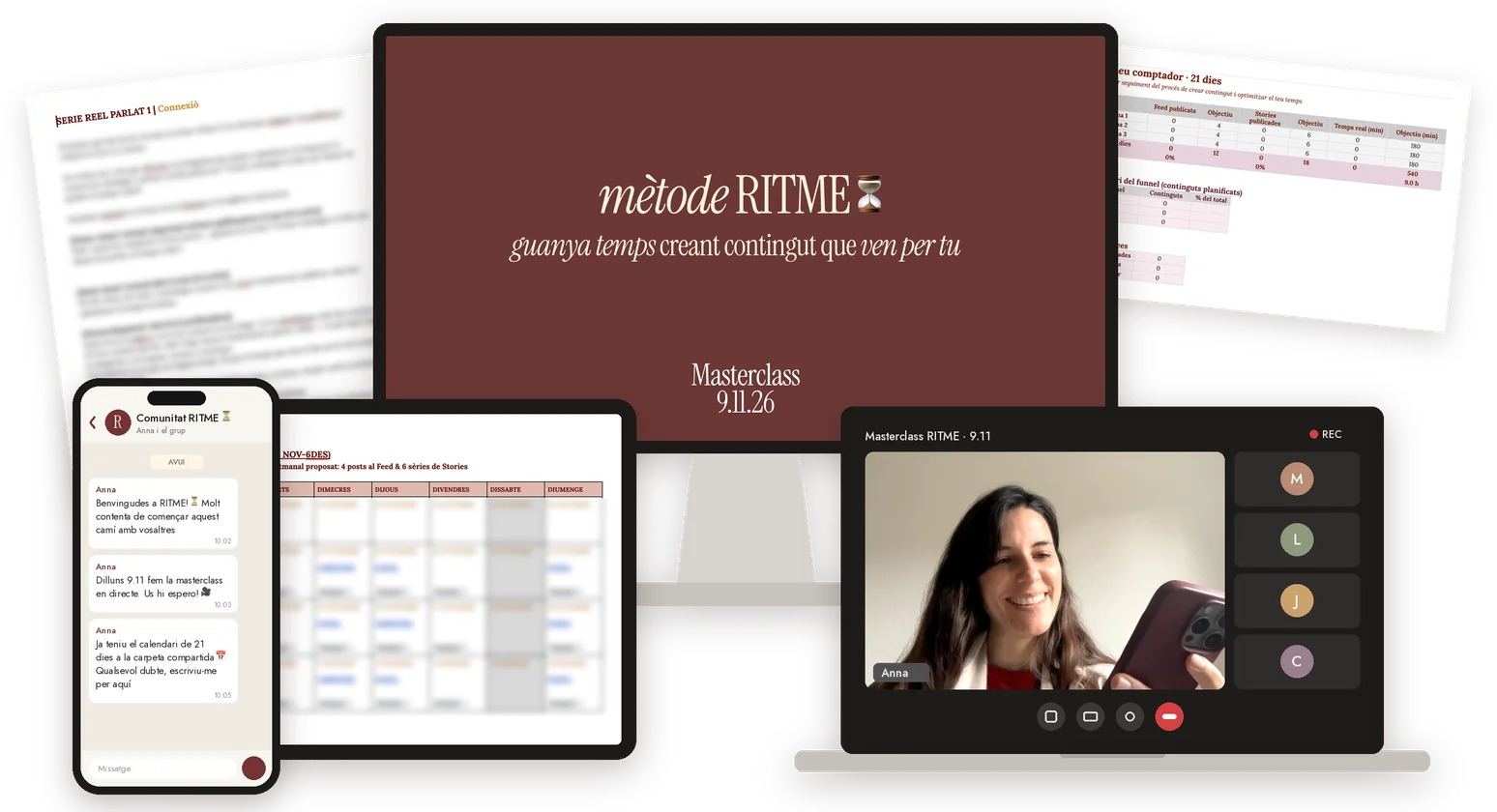 Materials de RITME: masterclass, calendari, guia de contingut, comptador, directes i grup de WhatsApp